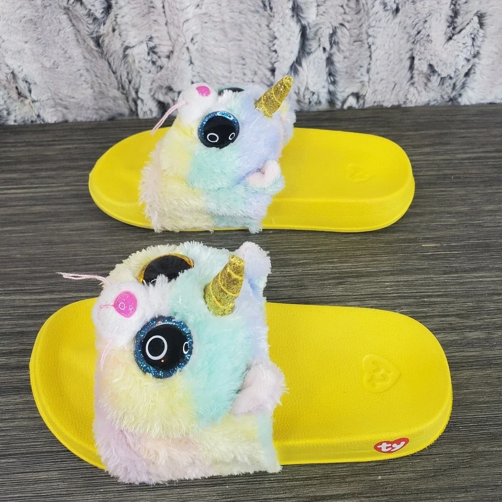 TY Heather Unicorn Kitty Slide Sandals‎ Yellow / Multicolor Youth 11-13